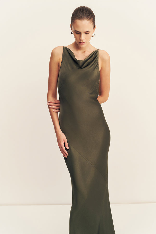 LA LUNE HIGH NECK COWL MAXI DRESS - FOREST