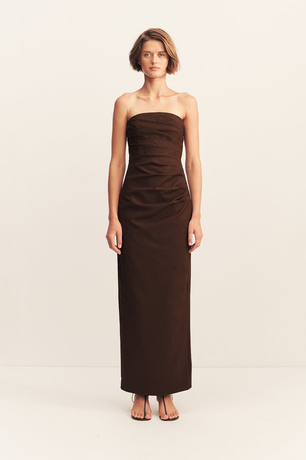LANI STRAPLESS DRAPED MAXI DRESS - ESPRESSO_F