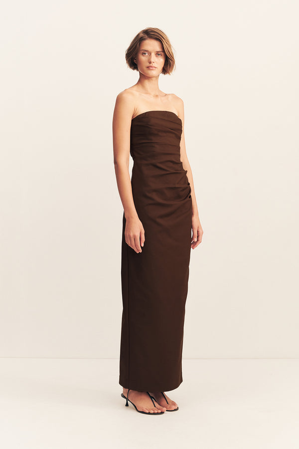 LANI STRAPLESS DRAPED MAXI DRESS - ESPRESSO_A