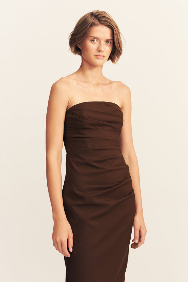 LANI STRAPLESS DRAPED MAXI DRESS - ESPRESSO_D