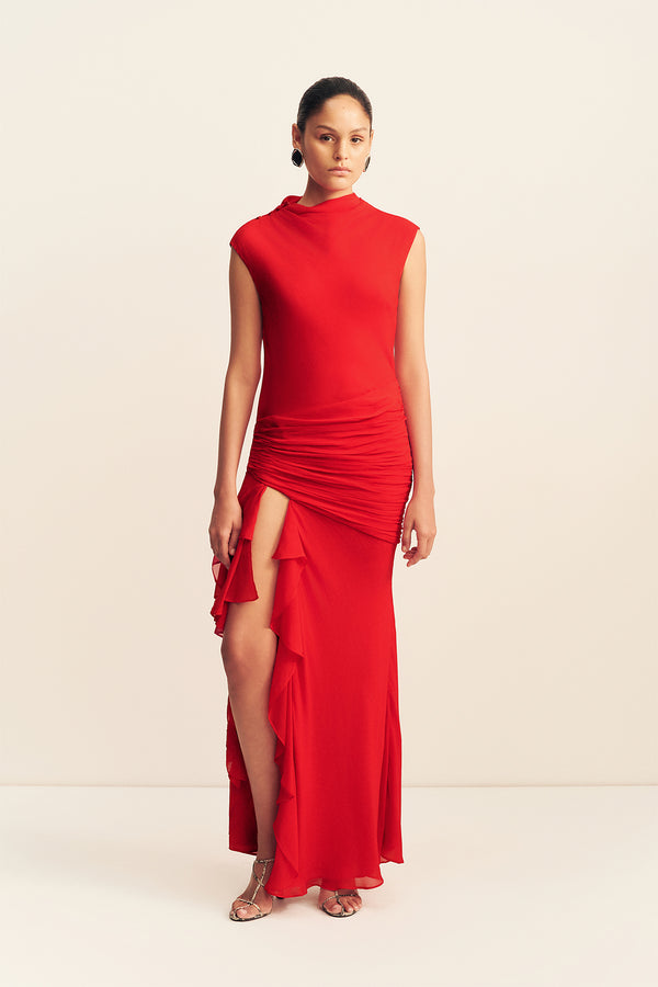 AMINA HIGH NECK RUFFLE MAXI DRESS - CHILLI_F