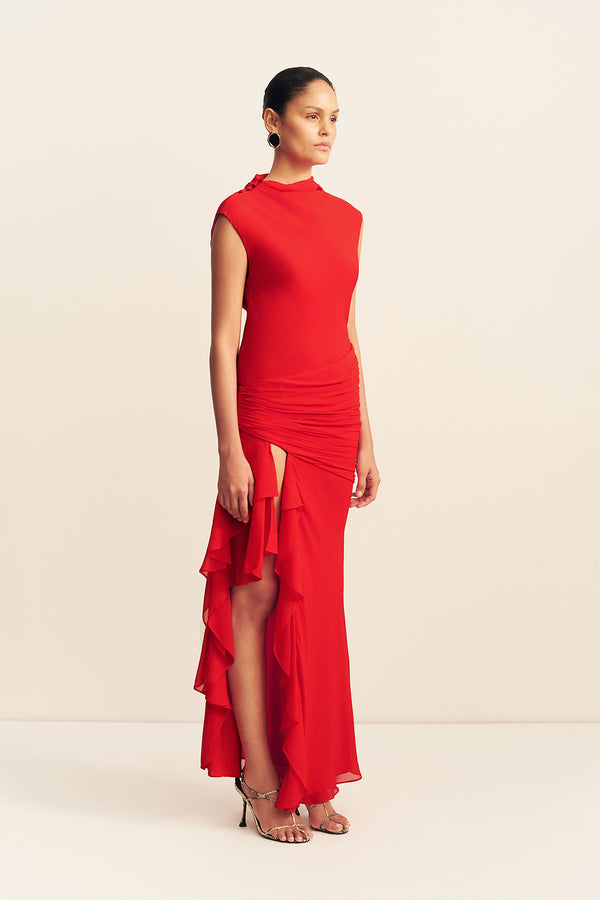 AMINA HIGH NECK RUFFLE MAXI DRESS - CHILLI
