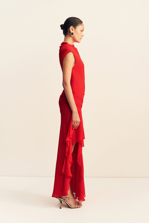 AMINA HIGH NECK RUFFLE MAXI DRESS - CHILLI