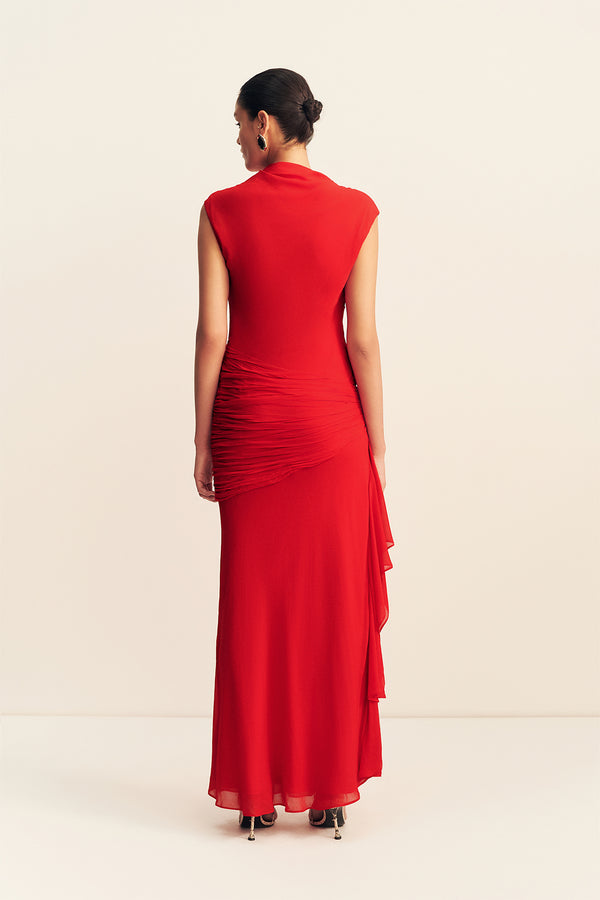 AMINA HIGH NECK RUFFLE MAXI DRESS - CHILLI