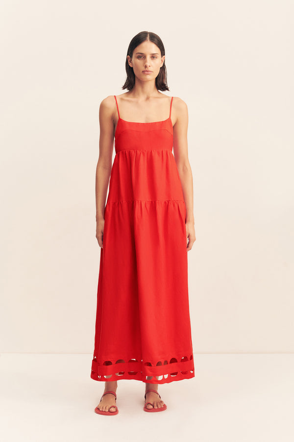 BIRDIE SCALLOP TIERED MIDI DRESS - RED ROSE_F
