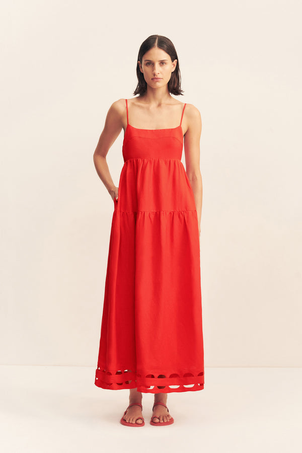 BIRDIE SCALLOP TIERED MIDI DRESS - RED ROSE
