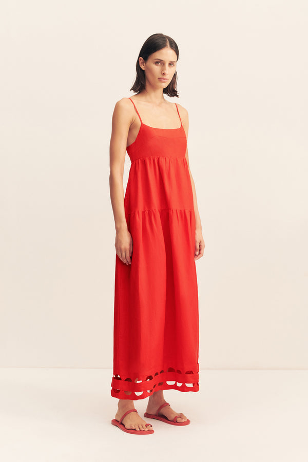 BIRDIE SCALLOP TIERED MIDI DRESS - RED ROSE