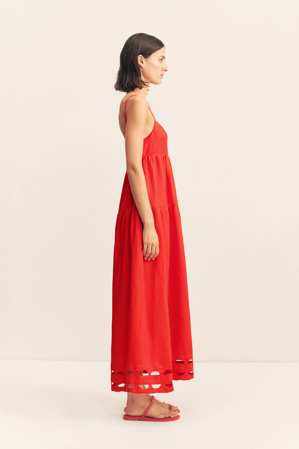 BIRDIE SCALLOP TIERED MIDI DRESS - RED ROSE