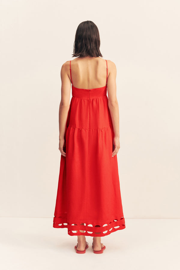 BIRDIE SCALLOP TIERED MIDI DRESS - RED ROSE