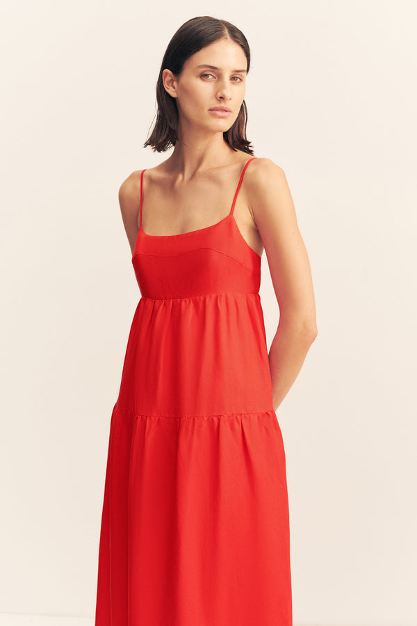 BIRDIE SCALLOP TIERED MIDI DRESS - RED ROSE