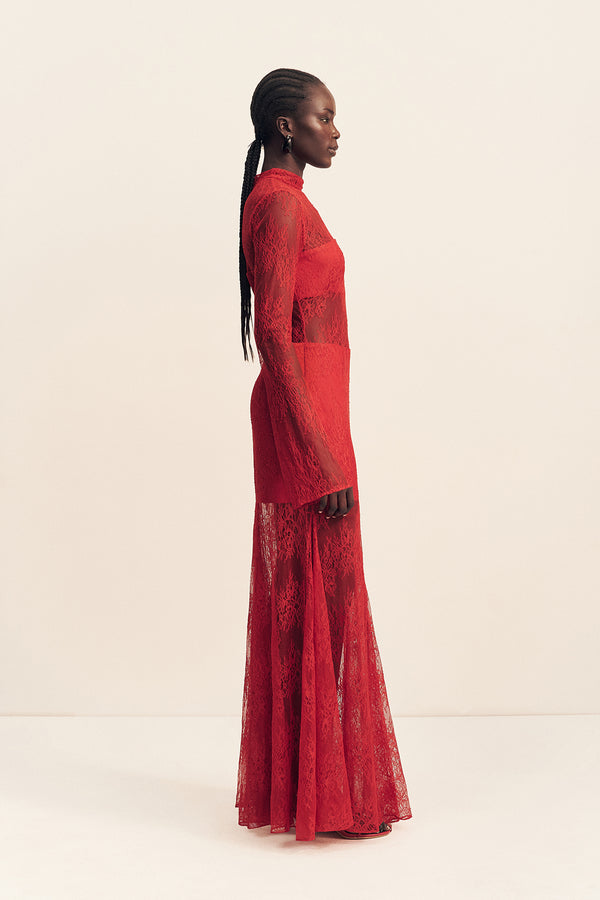 LABYRINTH LACE HIGH NECK MAXI DRESS - CHERRY