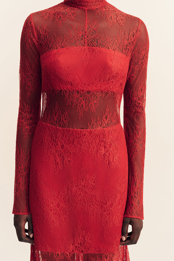 LABYRINTH LACE HIGH NECK MAXI DRESS - CHERRY