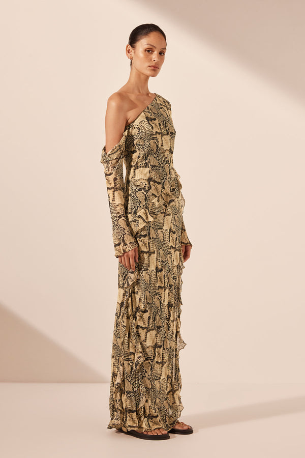 HADIYA ASYMMETRICAL LONG SLEEVE RUFFLE MAXI DRESS_A