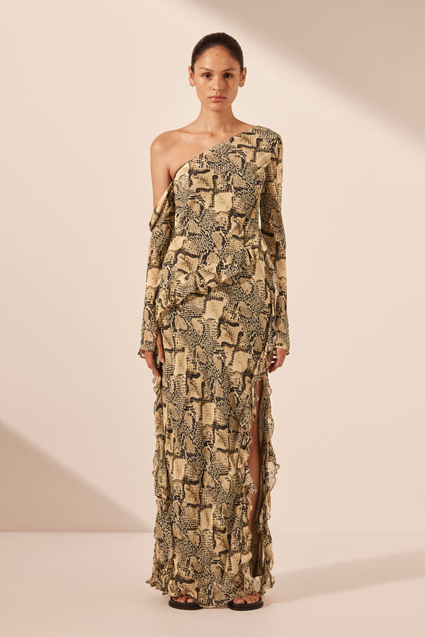 HADIYA ASYMMETRICAL LONG SLEEVE RUFFLE MAXI DRESS_F