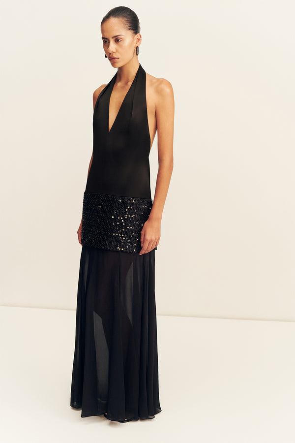 BIANCA HALTER PLUNGED MAXI DRESS - BLACK