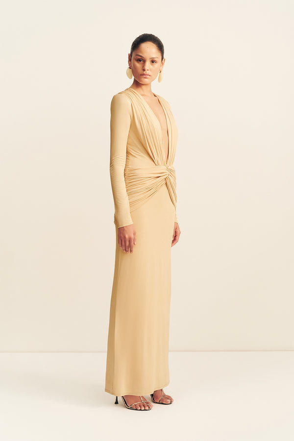 MIRO SLINKY JERSEY LONG SLEEVE MAXI DRESS - SAND