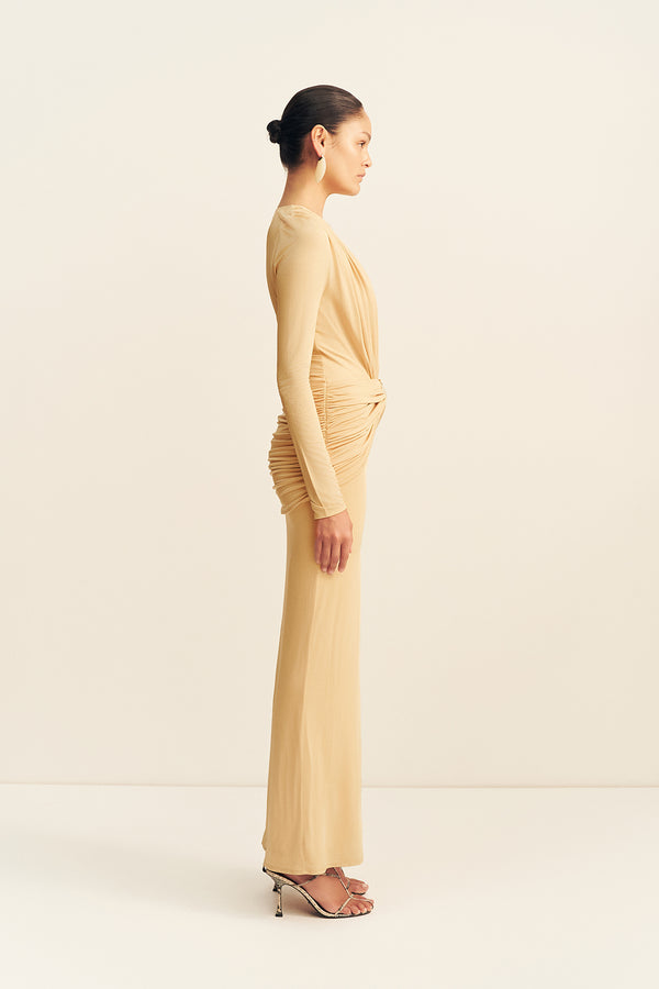 MIRO SLINKY JERSEY LONG SLEEVE MAXI DRESS - SAND