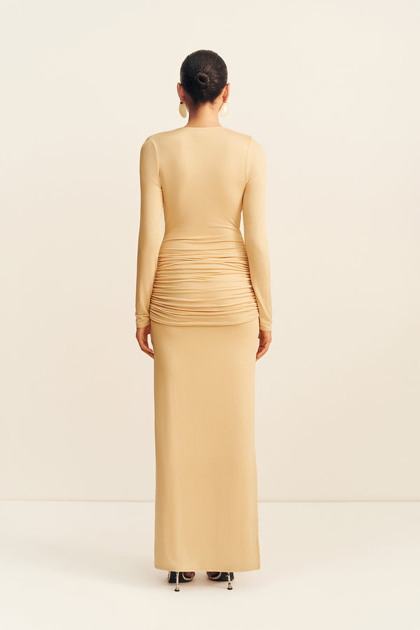 MIRO SLINKY JERSEY LONG SLEEVE MAXI DRESS - SAND