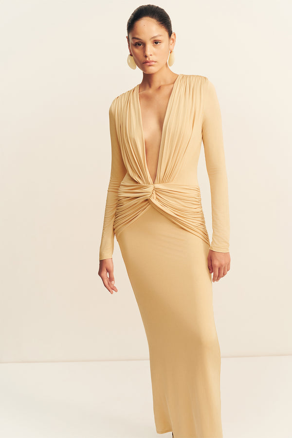 MIRO SLINKY JERSEY LONG SLEEVE MAXI DRESS - SAND