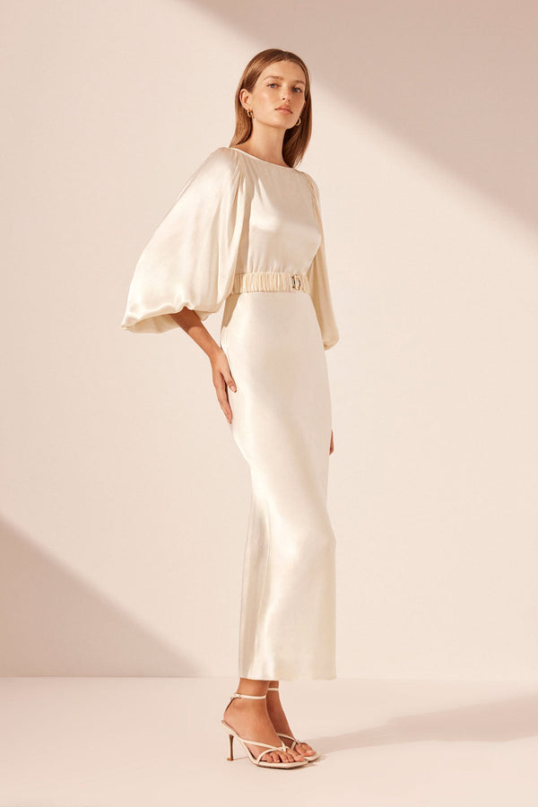 La Lune Balloon Sleeve Midi Dress with Belt | Cream | Dresses | Shona Joy La Lune Balloon Sleeve Midi Dress with Belt | Cream | Dresses | Shona Joy