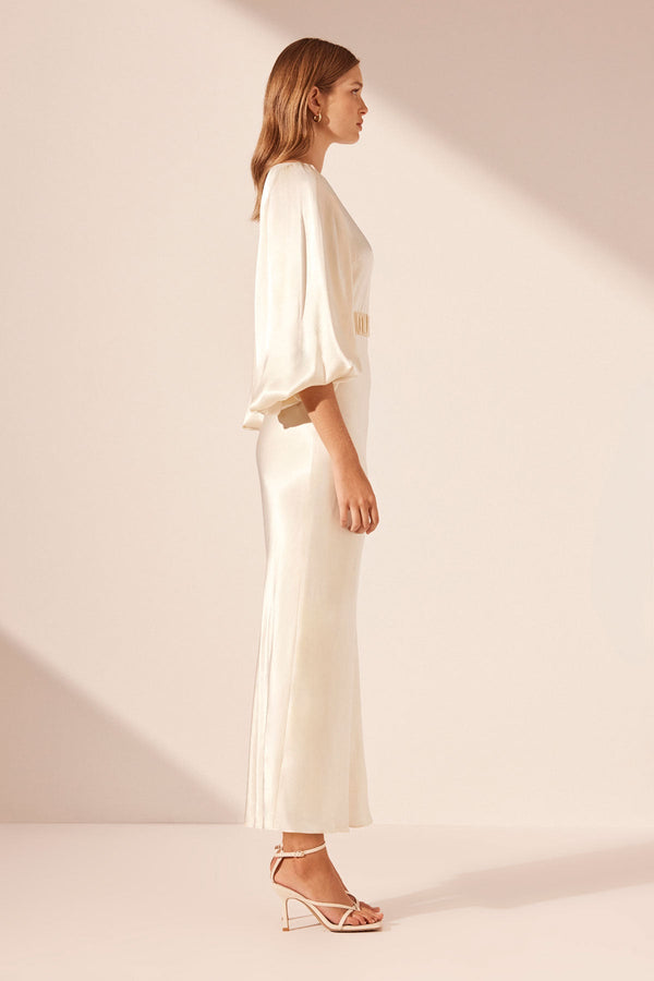 La Lune Balloon Sleeve Midi Dress with Belt | Cream | Dresses | Shona Joy La Lune Balloon Sleeve Midi Dress with Belt | Cream | Dresses | Shona Joy