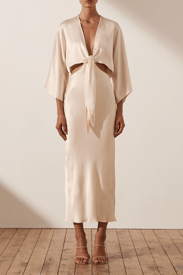 LA LUNE TIE FRONT BIAS MIDI DRESS - CREAM_F