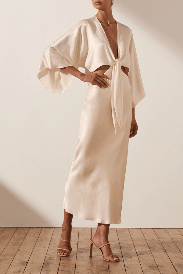 LA LUNE TIE FRONT BIAS MIDI DRESS - CREAM_A
