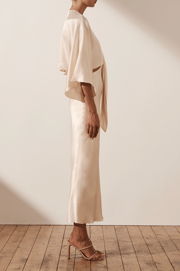 LA LUNE TIE FRONT BIAS MIDI DRESS - CREAM_S