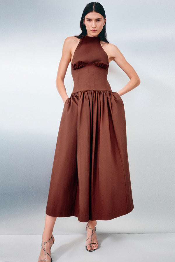 CAMPBELL HALTER NECK MIDI DRESS - ESPRESSO_
