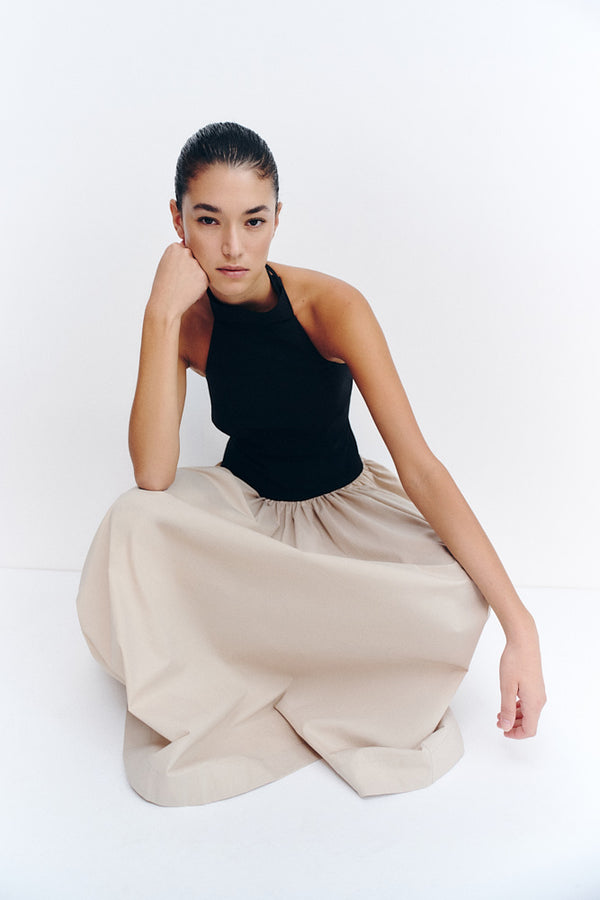 CAMPBELL CONTRAST HALTER NECK MIDI DRESS - OAT MILK