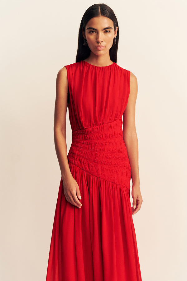 AMINA PANELLED RUCHED MAXI DRESS - CHILLI