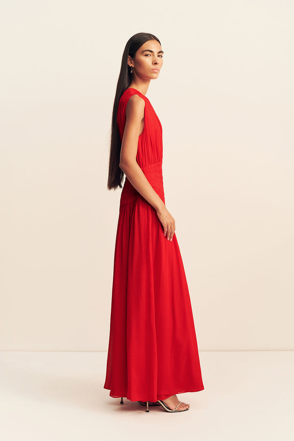 AMINA PANELLED RUCHED MAXI DRESS - CHILLI