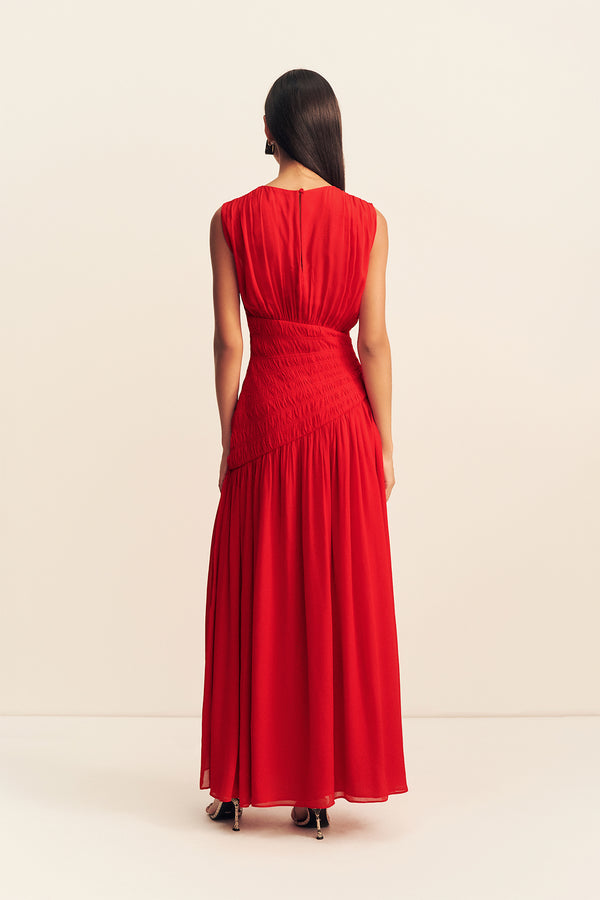AMINA PANELLED RUCHED MAXI DRESS - CHILLI