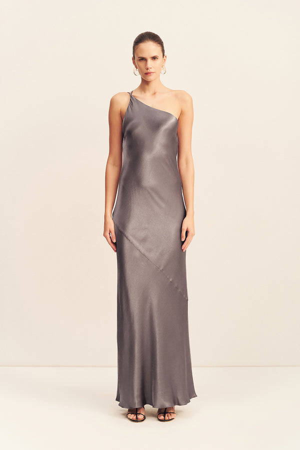 LA LUNE ONE SHOULDER COWL BACK MAXI DRESS - GRAPHITE_F