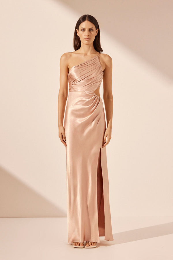 LA LUNE ASYMMETRICAL GATHERED MAXI DRESS - DESERT ROSE_F