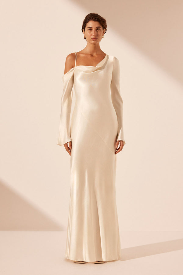 LA LUNE ASYMMETRICAL LONG SLEEVE MAXI DRESS - CREAM_F