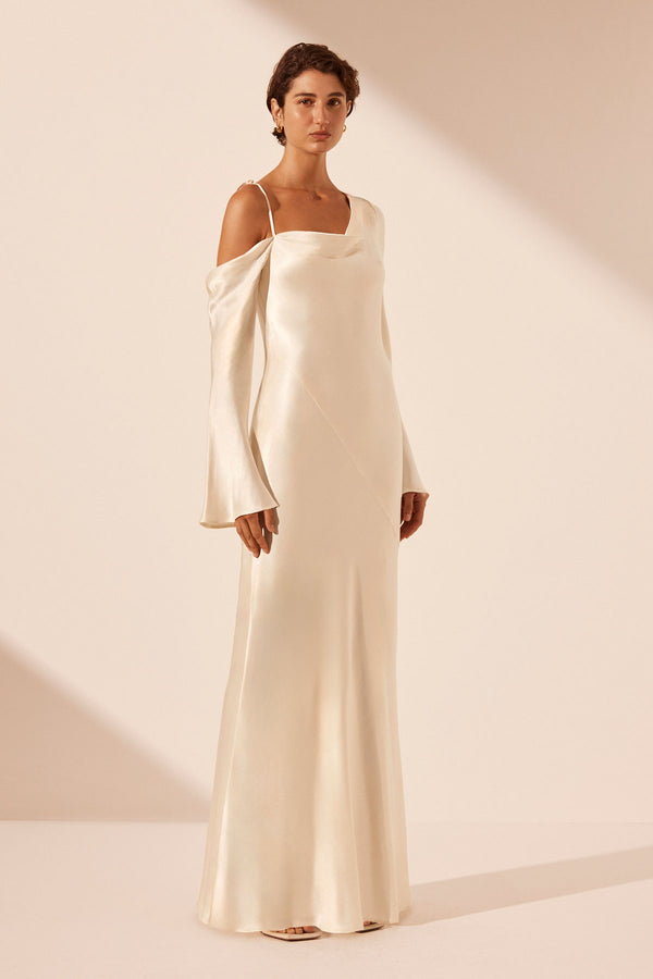 LA LUNE ASYMMETRICAL LONG SLEEVE MAXI DRESS - CREAM_A