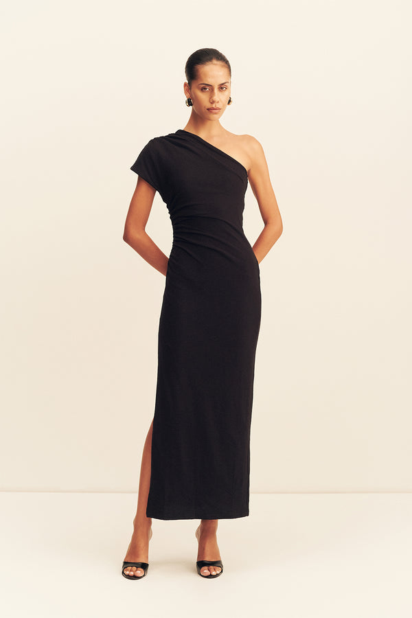 strapless open back dress Beau Asymmetrical Midi Dress | Black | Dresses