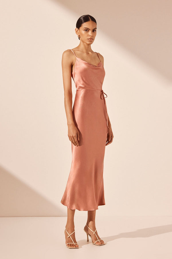 LA LUNE BIAS COWL MIDI DRESS - ANTIQUE ROSE_A
