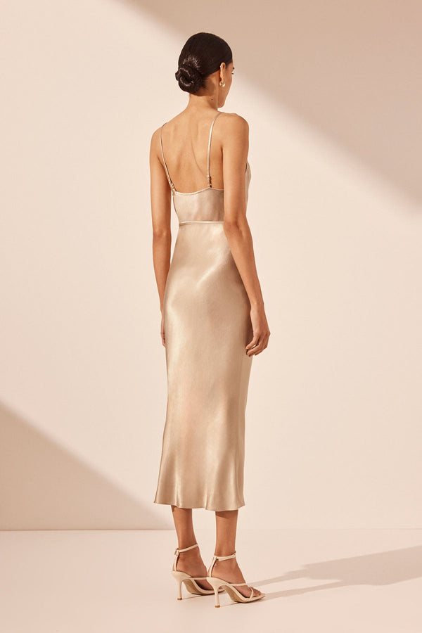 LA LUNE BIAS COWL MIDI DRESS - GOLD_B