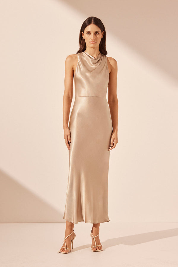 LA LUNE HIGH NECK MIDI DRESS - GOLD_F