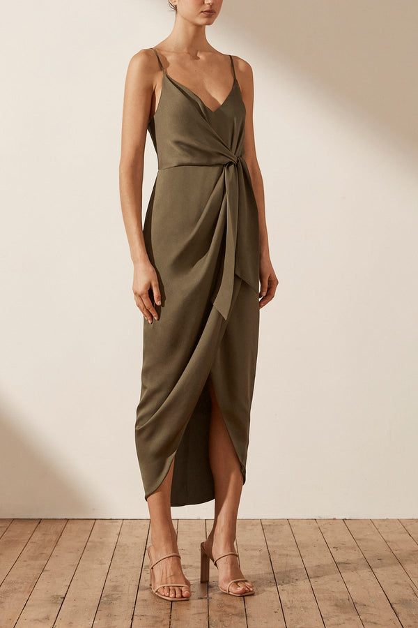 LUXE TIE FRONT COCKTAIL DRESS - PINE_A