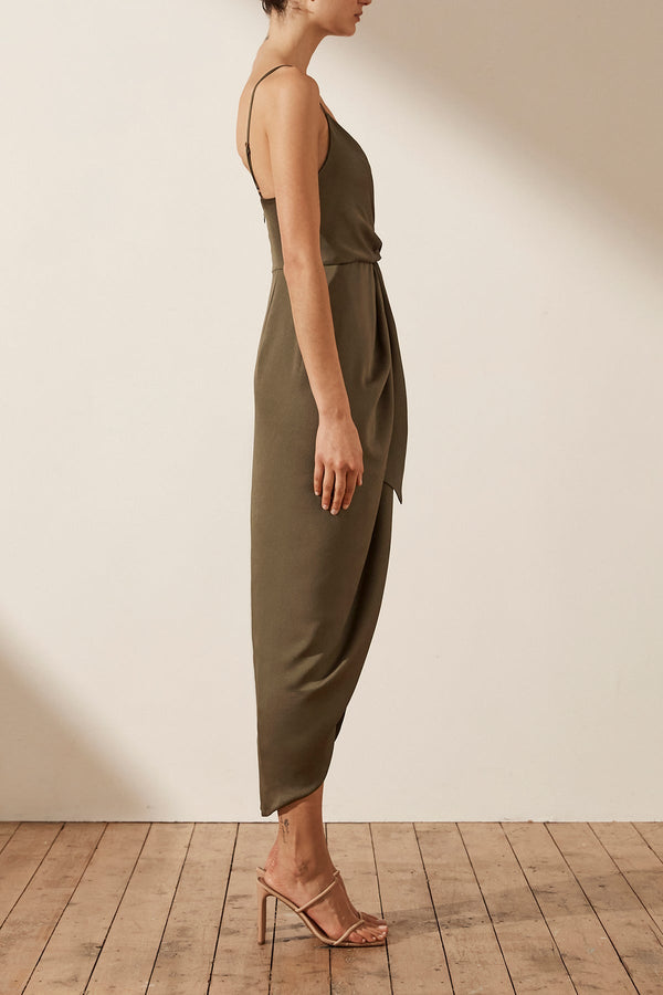 LUXE TIE FRONT COCKTAIL DRESS - PINE_S