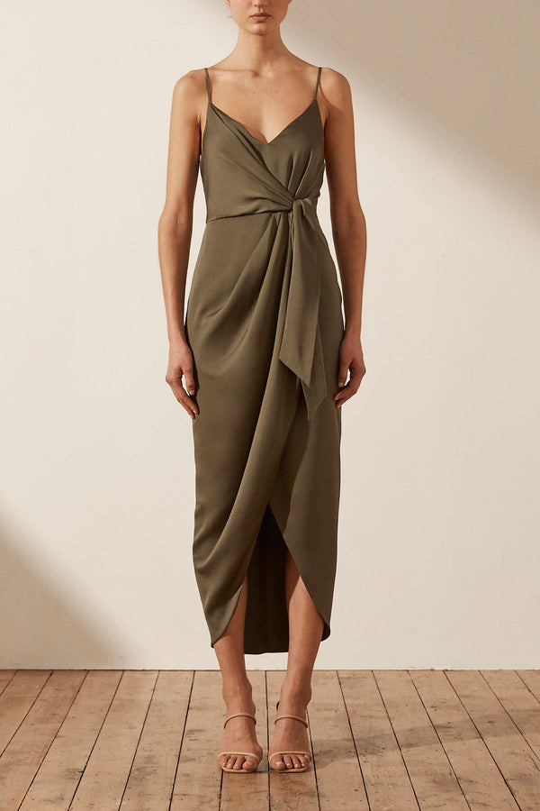 LUXE TIE FRONT COCKTAIL DRESS - PINE_F