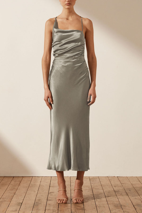 LA LUNE ASYMMETRICAL BIAS COWL MIDI DRESS - SAGE_F