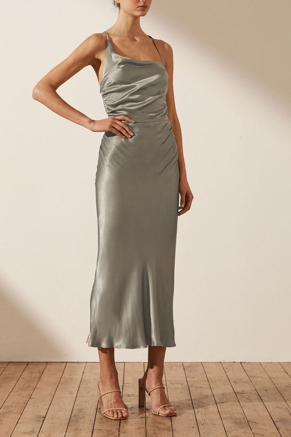 LA LUNE ASYMMETRICAL BIAS COWL MIDI DRESS - SAGE_P