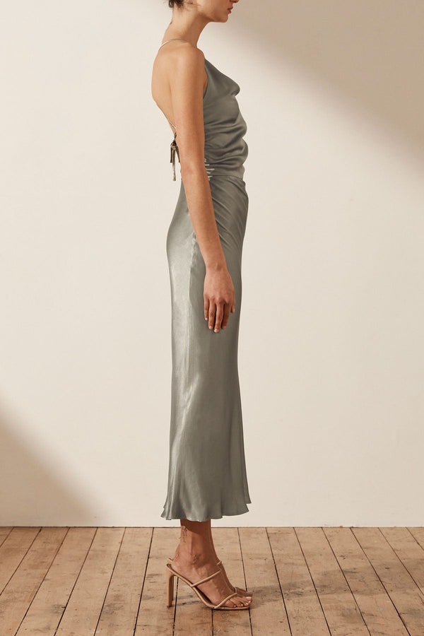LA LUNE ASYMMETRICAL BIAS COWL MIDI DRESS - SAGE_S