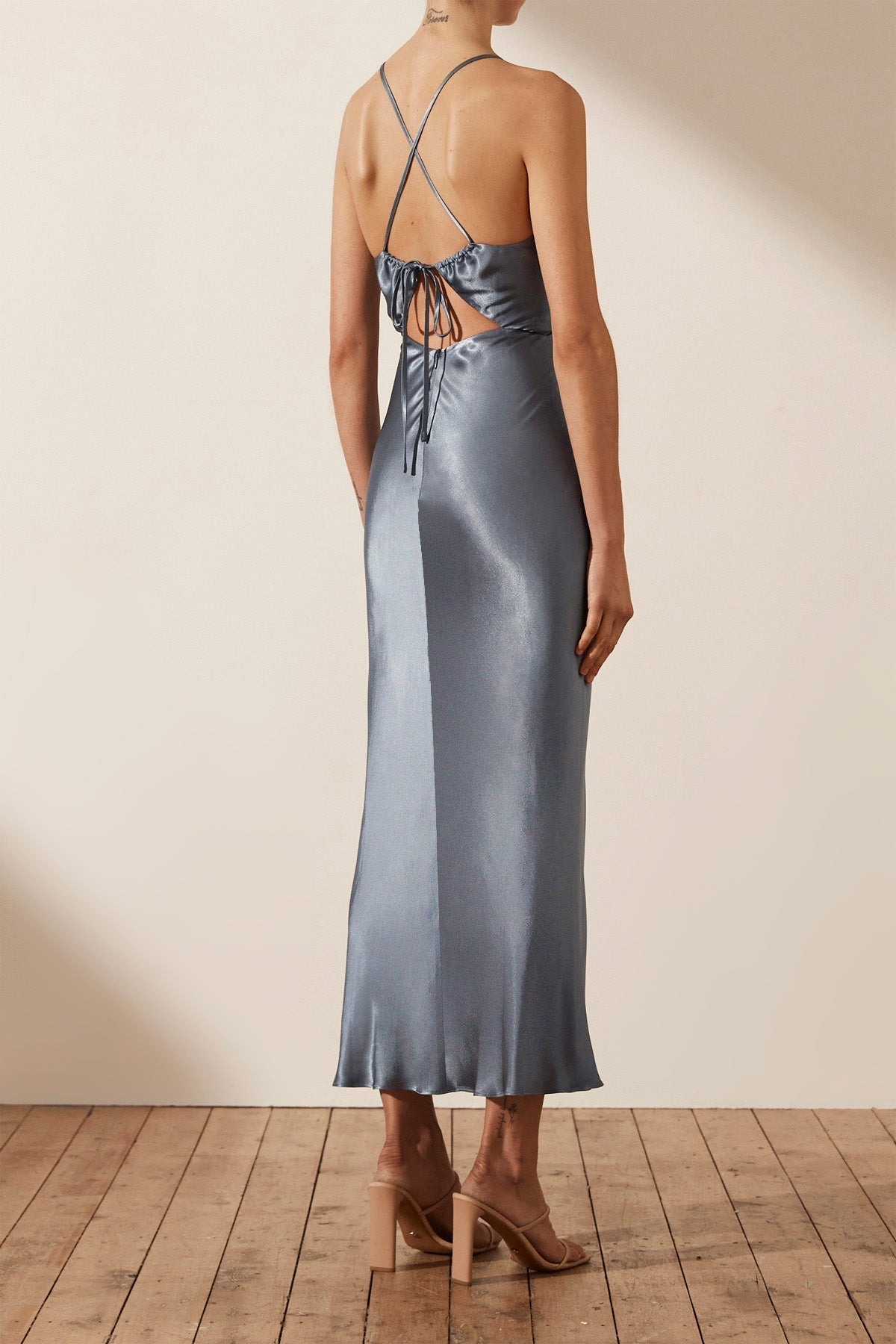 LA LUNE RUCHED BODICE MIDI DRESS - BLUE SMOKE_B