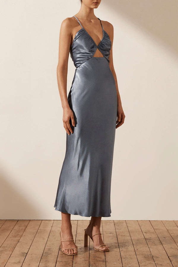 LA LUNE RUCHED BODICE MIDI DRESS - BLUE SMOKE_A