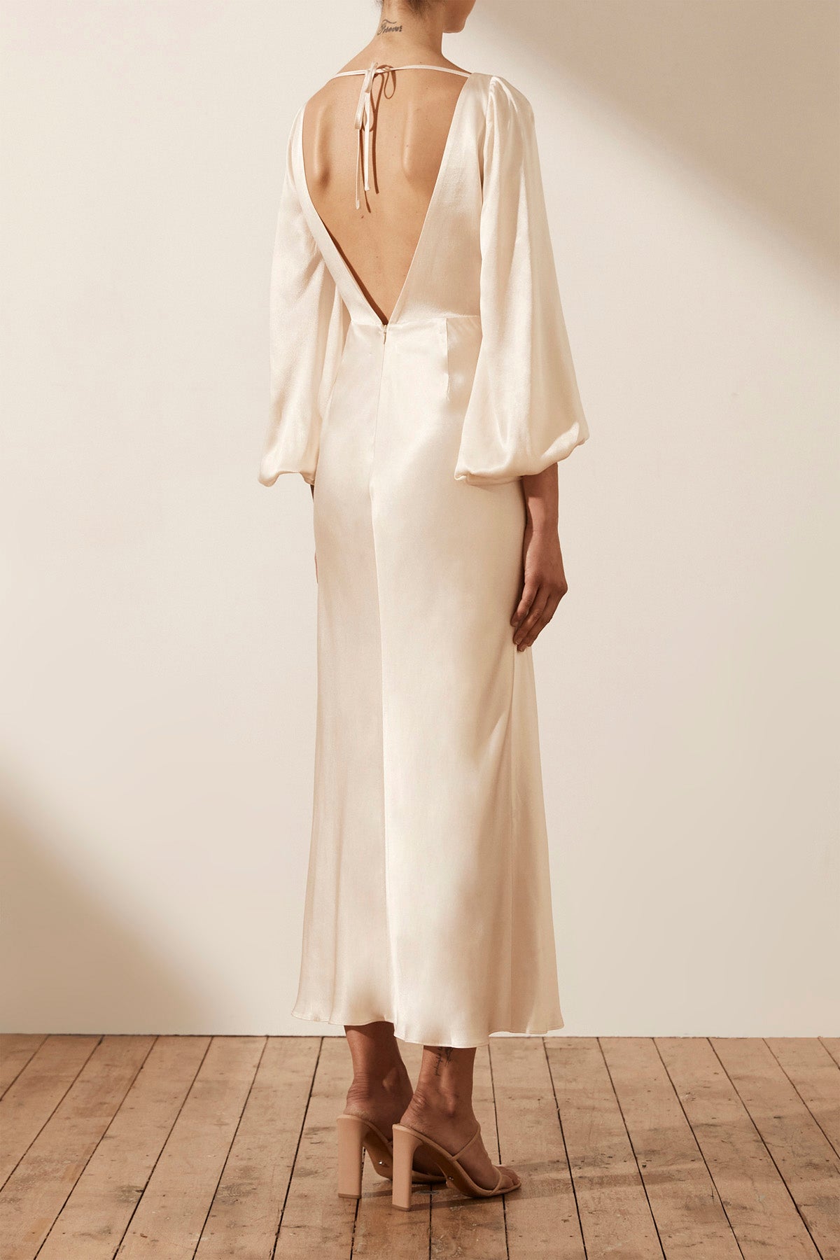 La Lune Balloon Sleeve Backless Midi Dress Cream Dresses Shona Joy